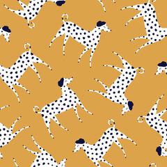 Funny dalmatian dogs hand drawn vector illustration. Cute pets seamless pattern for kids fabric or wallpaper.