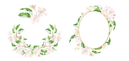 Japanese garden, cherry blossom flowers border frame background, Design for card, wedding invitation, cover, packaging, cosmetics. Pink, blush watercolor background, Bouquet with cherry blossom