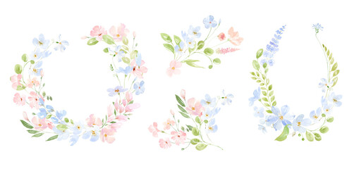 Watercolor Pink and blue wild flowers, branches, leaves and twigs. Watercolor bouquet , wreaths and borders with wild pink and blue flowers, © Yevheniia Poli