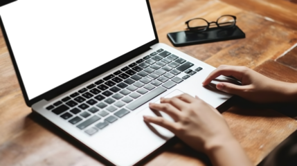 Hands working on laptop with cut out screen at home. Copy space. Based on Generative AI