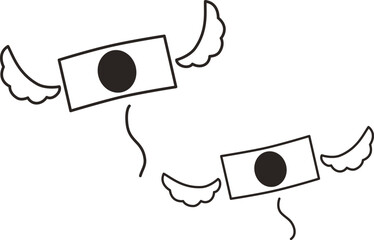 支払いでお金が無くなる様子を表したイラスト　羽が生えて飛んでいくお金