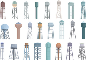 Water tower icons set cartoon vector. Industrial tank. Construction tower - obrazy, fototapety, plakaty