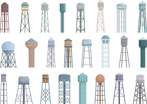 Water tower icons set cartoon vector. Industrial tank. Construction tower