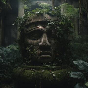 an olmec statue in the middle of a forest Generative Ai