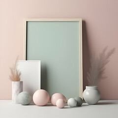 Trendy mock up with two photo frames and flowers in vase in light pastel colors. A photo frame on a table or a shelf, creative concept, copy space. Mock up with decor elements. Generative AI