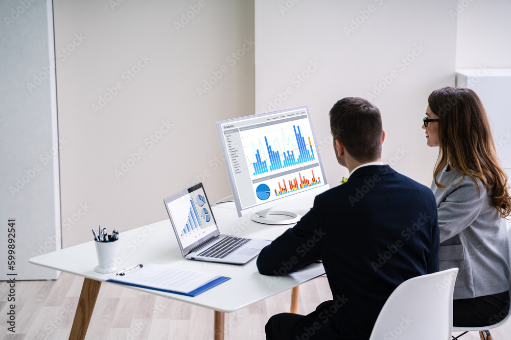 Poster stock market broker analyzing graphs on computer