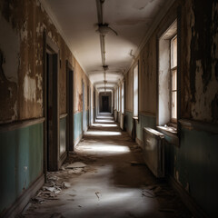 A long hallway with peeling paint on the walls Generative Ai