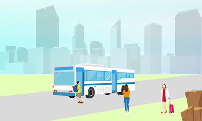 Illustration of people traveling by bus in the city
