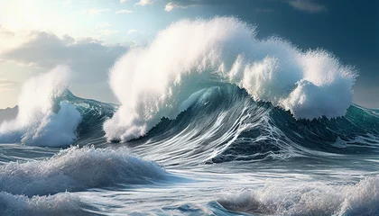 Photo sur Plexiglas Bleu Jeans Nature landscape ocean waves with white foam, Generative AI