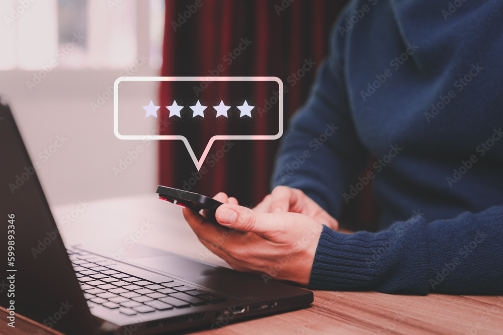 Poster Customer review assessment and testimonial and satisfaction feedback survey. Client give rating to service experience on online application. Customer can evaluate quality of service and ranking.