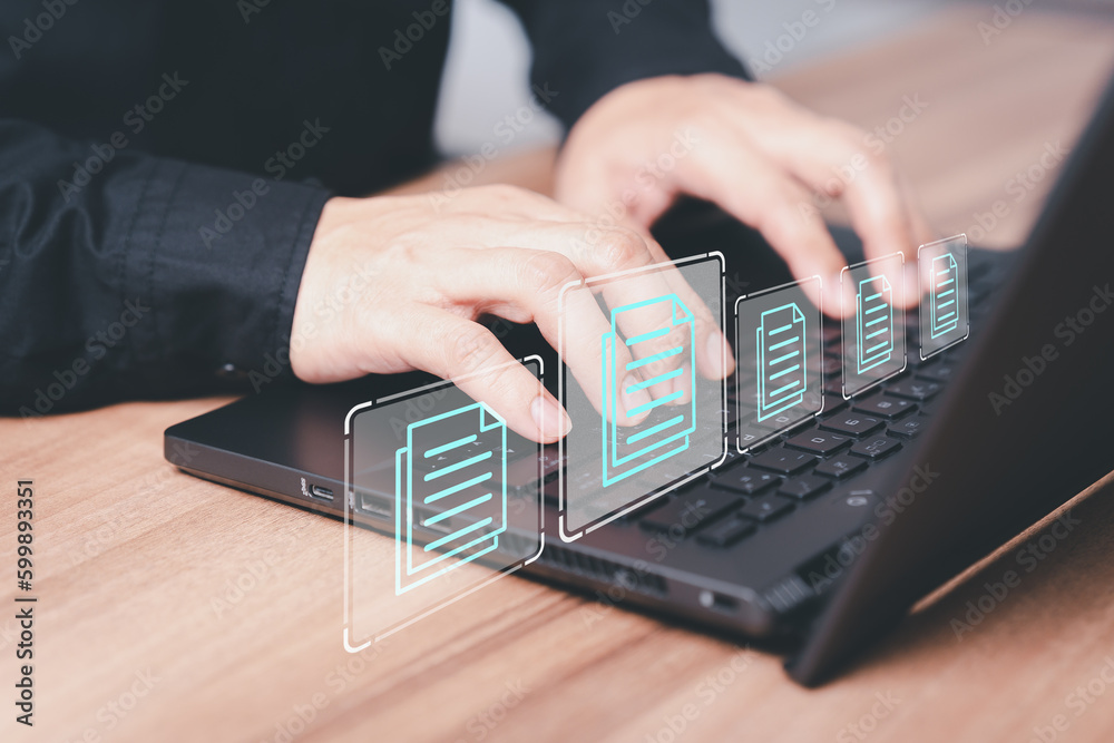 Aufkleber Employee typing on a computer keyboard checking documents in office. Document management concept with icons on ERP virtual screen. Online documentation database to efficiently manage files.