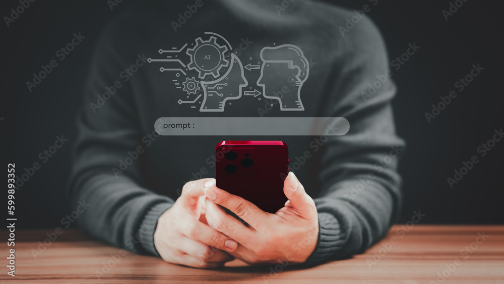 Poster Young man using technology smart robot Ai, artificial intelligence by enter prompt for generates something that we want, Futuristic technology transformation. Ai Chatbot, Artificial Intelligence.