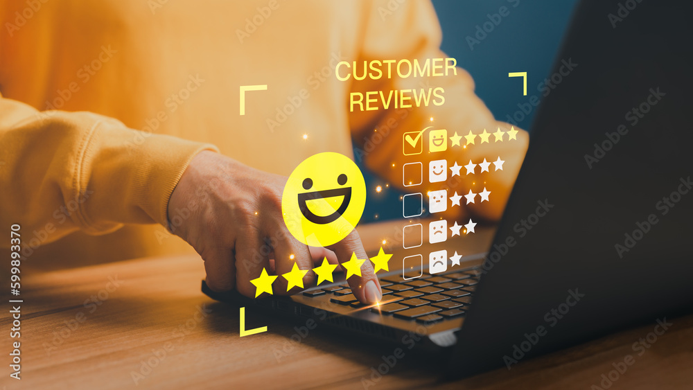Poster customer service experience and business satisfaction surveys. man hand using laptop computer with s