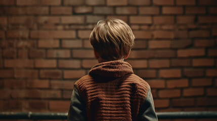 Rear view of a boy standing in front of a brick wall. Generative Ai