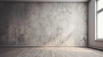 The empty room has an empty blank wall painted in a light gray color, suitable for presentations. A close-up of the wall shows the rough and textured surface, Created with generative Ai Technology.
