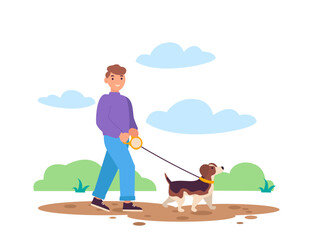 Small boy walking his dog. They walk in the park. Best friends. Vector graphic.