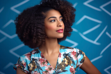 A portrait of a young african american woman with an afro hair style against a blue background. Generative AI