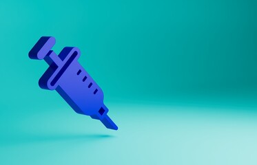 Blue Syringe icon isolated on blue background. Syringe for vaccine, vaccination, injection, flu shot. Medical equipment. Minimalism concept. 3D render illustration