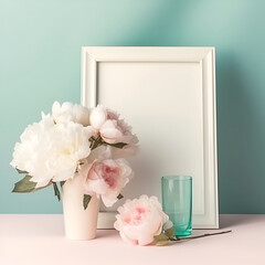 Trendy mock up with photo frame and roses in vase in light pastel colors. A photo frame on a table or a shelf with rose bouquet, copy space. Mock up with decor elements. Generative AI