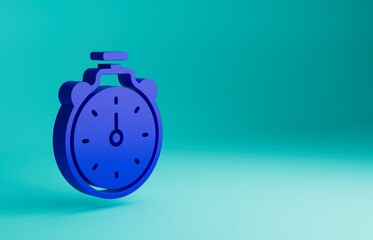 Blue Stopwatch icon isolated on blue background. Time timer sign. Chronometer sign. Minimalism concept. 3D render illustration