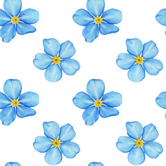 Seamless pattern with blue forget-me-not flowers on a white background. watercolor floral illustration.