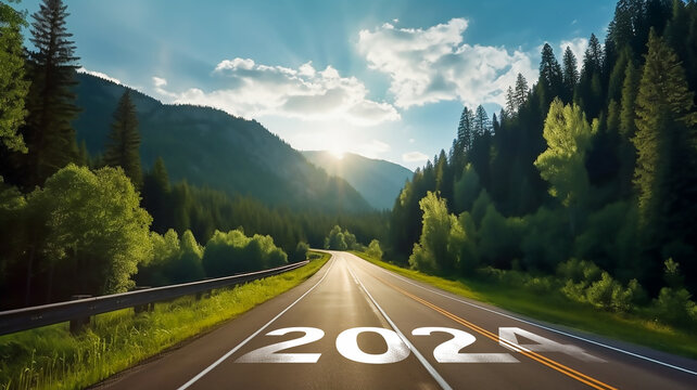 New year 2024 or straight forward road trip travel and future vision concept, Generative AI