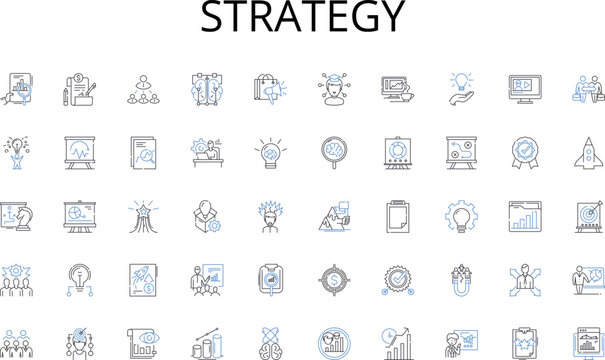 Strategy line icons collection. Bold, Confident, Dominant, Robust, Aggressive, Striking, Heroic vector and linear illustration. Macho,Muscular,Virile outline signs set