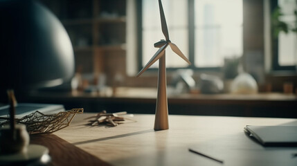 Wind turbines on the table. Alternative energy concept. Generative Ai