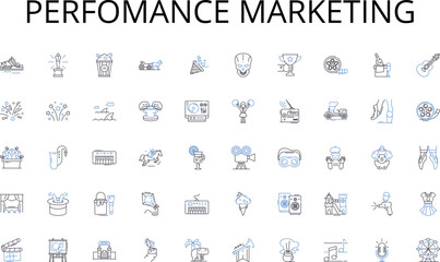 Perfomance marketing line icons collection. Cinematography, Genre, Storyline, Soundtrack, Sequel, Indie, Blockbuster vector and linear illustration. Premiere,Oscars,Casting outline signs set