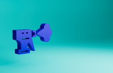 Blue Hairdresser pistol spray bottle with water icon isolated on blue background. Minimalism concept. 3D render illustration