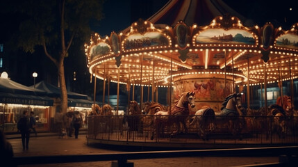 Naklejka premium Carousel at night. Generative Ai