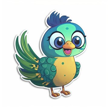 A cute chibi Peacock sticker with a white background, radiating adorable and lovable vibes. The chibi Peacock is depicted in a small and super deformed style, Generative AI