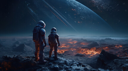 Fototapeta premium Astronauts stand and overlooking the universe,created with generative ai tecnology.