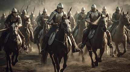 Medieval battle. Group of knights in armor on horseback. Generative Ai