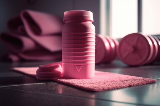Pink protein shaker for fitness drink. Healthy protein sport dieting concept. Generative AI