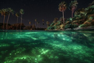 beach luminous palm ocean vacation night blue paradise sky tree tropical. Generative AI.