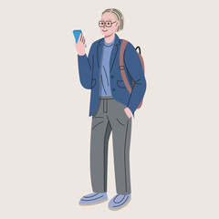 International female student with phone and backpack. Fashionable campus youth. Flat vector illustration