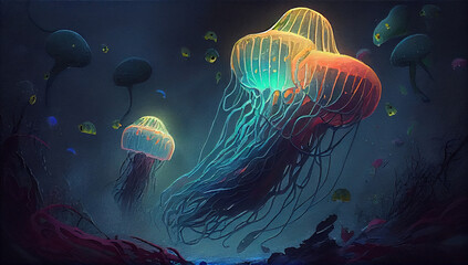 Fototapeta na wymiar Neon Watercolor A Symphony of Jellyfish AI Generative