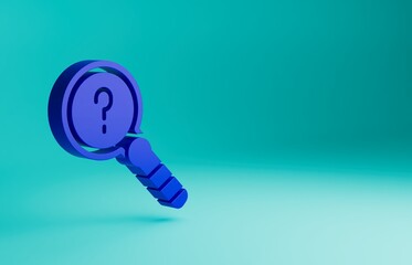Blue Unknown search icon isolated on blue background. Magnifying glass and question mark. Minimalism concept. 3D render illustration