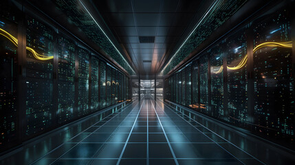Fototapeta na wymiar Explore the cutting edge of AI with this awe-inspiring image of a supercomputer in action. See the incredible processing power and speed of modern technology in this stunning depiction.