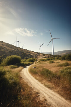Wind turbine, eco energy generating farm, environment, save planet Generative AI