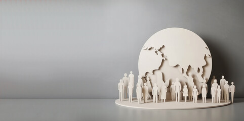 World map around by small people for World Population day, Generative AI.