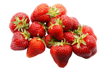 Strawberries without background. Fresh and juicy red strawberry. Strawberries with leaves isolated.