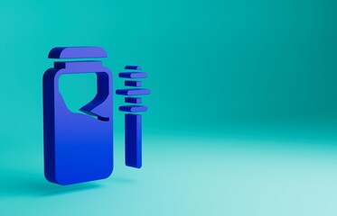 Blue Jar of honey and honey dipper stick icon isolated on blue background. Food bank. Sweet natural food symbol. Honey ladle. Minimalism concept. 3D render illustration