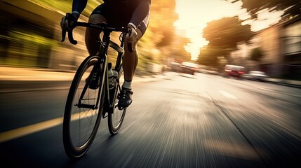 Fototapeta na wymiar A cyclist rides on a road with a blurry background