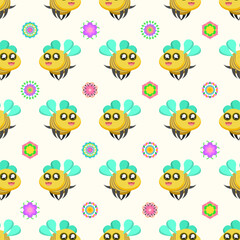 Seamless Pattern Abstract Elements Different Bee Insect Beetle With Flower Vector Design Style Background Illustration Texture For Prints Textiles, Clothing, Gift Wrap, Wallpaper, Pastel