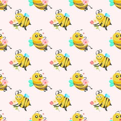 Seamless Pattern Abstract Elements Different Bee Insect Beetle With Flower Vector Design Style Background Illustration Texture For Prints Textiles, Clothing, Gift Wrap, Wallpaper, Pastel