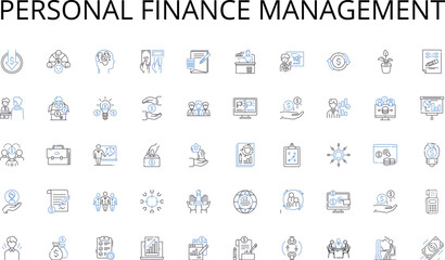 Personal Finance Management line icons collection. Skyscrapers, Traffic, Crowds, Pollution, Diversity, Culture, Nightlife vector and linear illustration. Gritty,Vibrant,Noise outline signs set