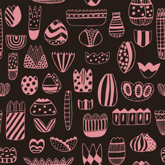Seamless repeating pattern with abstract flowers, birds and leaves in pink, red, black colors. Flat simple fabric, gift wrap, wall design. Vector
