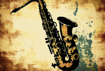Brass saxophone background with an abstract vintage distressed texture which is a musical wind instrument used in blues, rock, jazz and classical music, computer Generative AI stock illustration image - obrazy, fototapety, plakaty